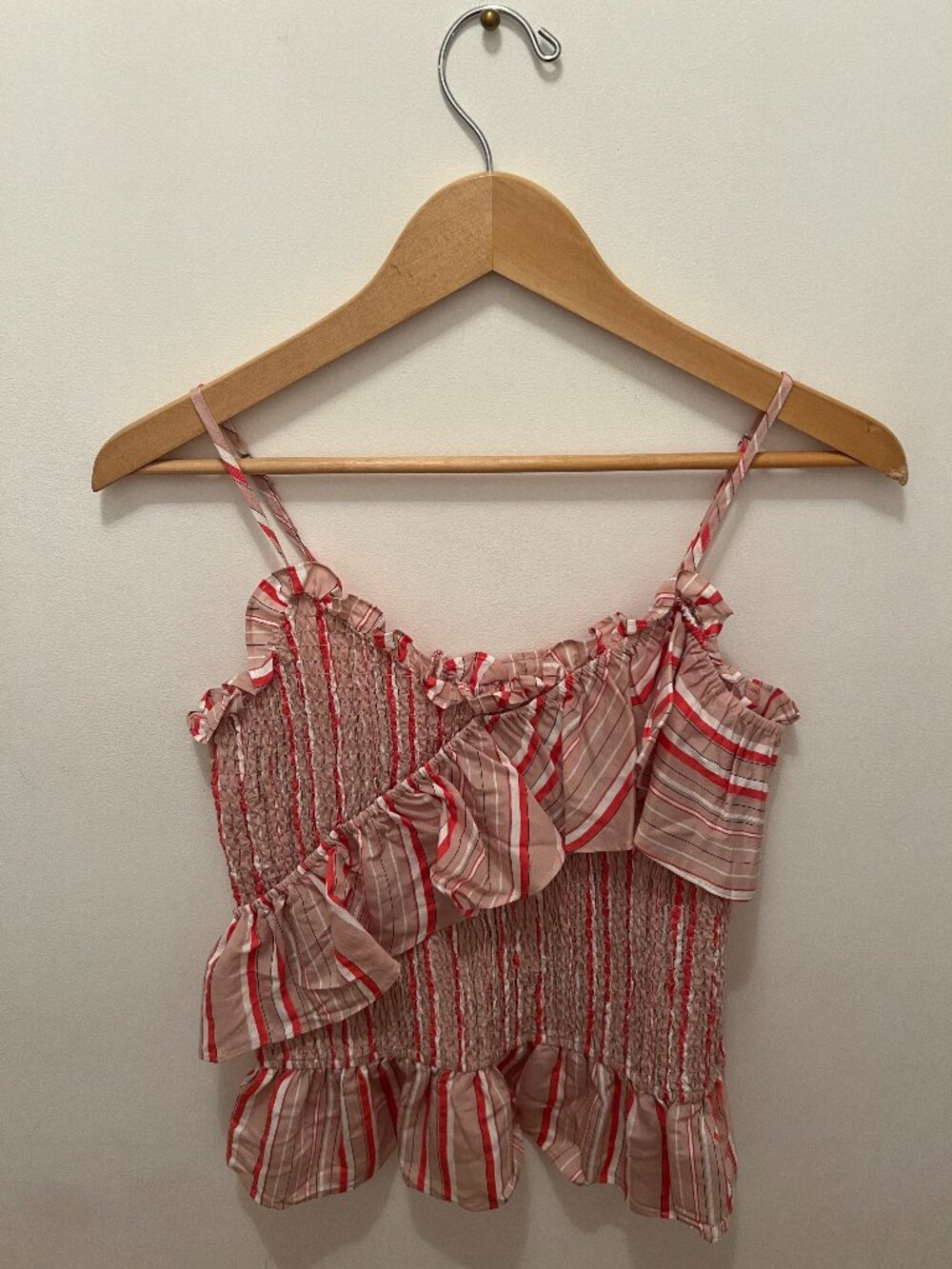 Kaari Blue Pink Striped Smocked Ruffle Camisole – Asymmetrical Top – Size L